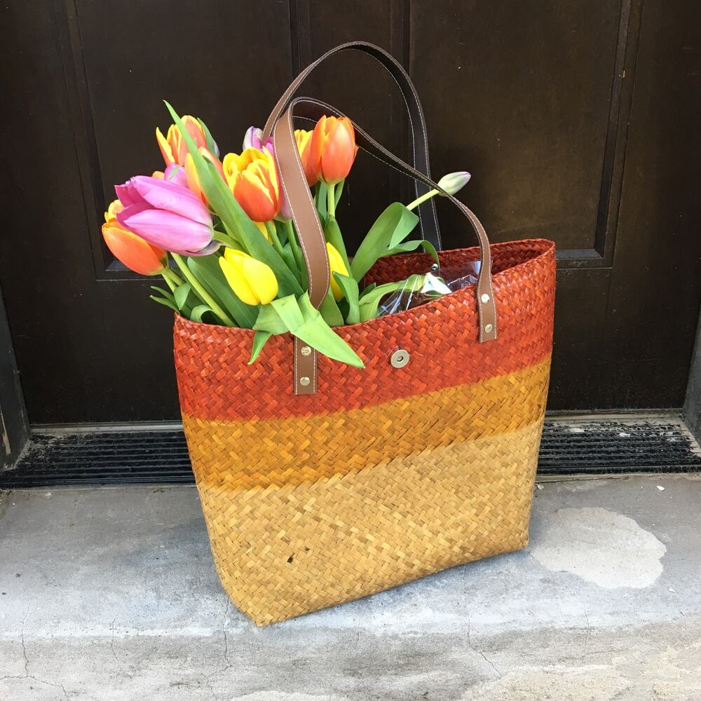 Straw hand woven jute market tote bag made in Thailand leather strap